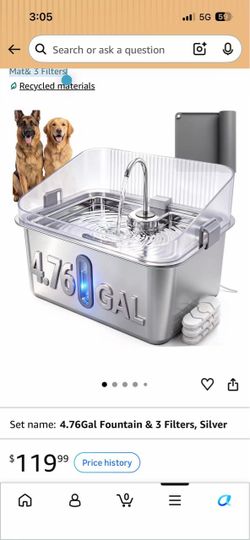 Brand New! 4.76 Gal/18L XL Dog Water Fountain with Splash Guard for Large Dogs, Silver No Spill Dog Water Bowl Dispenser, Extra-Large Capacity, Stainl