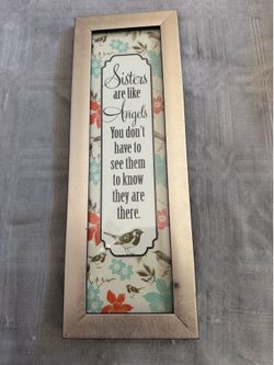 Framed Decorative Plaque Sisters Are Like Angels Quote Floral Birds Wood Glass