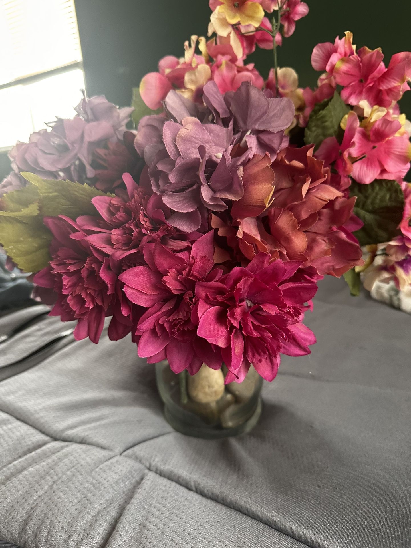 Faux Flower Bouquet in Glass Vase