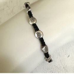 Silver Tone Black Cord Eye Beaded Bracelet 