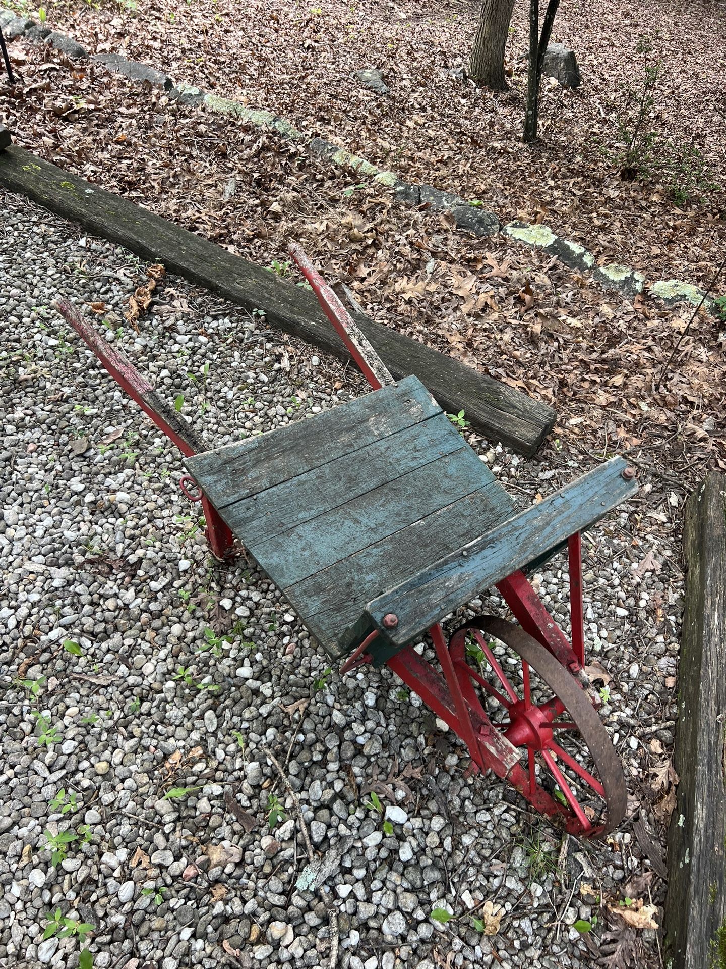 Primitive Antique Red And Green Flat Bed Wheelbarrow With Iron Wheel