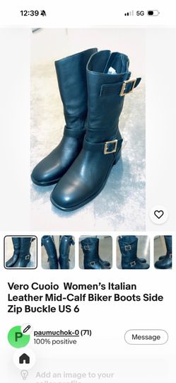 Vero Cuoio Women’s Italian Leather Mid-Calf Biker Boots Side Zip Buckle US 6
