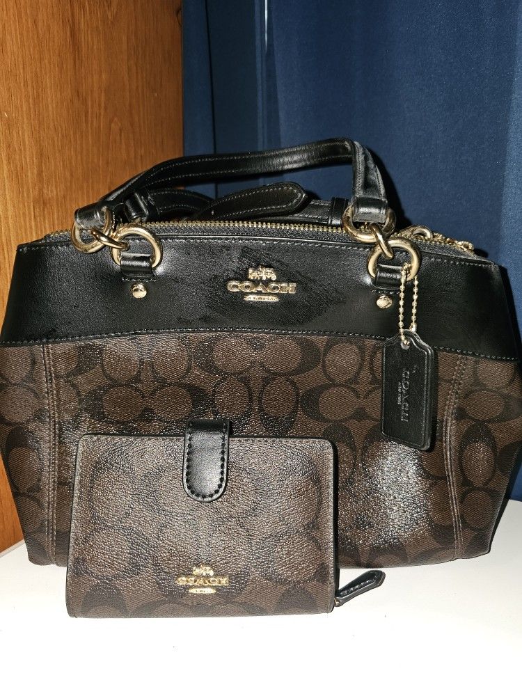 Black And Brown Coach Purse With Matching Wallet
