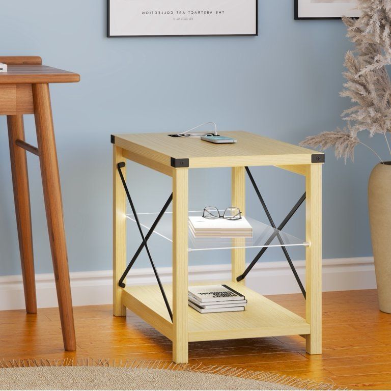 End Side Table with LED Lights, Small Bed Side Table with Charging Station for Narrow Place - Smart Nightstand Night Stand with Storage, Nat