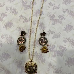 Indian Gold Red Circle Jewelry Pendant Set