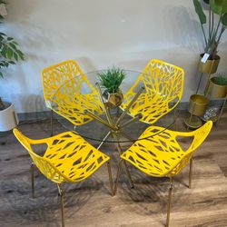 Yellow Gold Glass Dining Set For 4