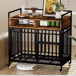 Large Dog Crate Furniture, 43.4 Inch XL Dog Crate & Large Dog Kennel, Heavy Duty Wooden Dog Cage with Storage, Includes 4 Locking Casters & Soft Pad.