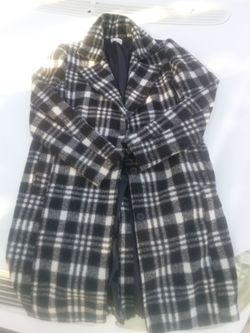 Black and White Plaid Wool-Blend Coat