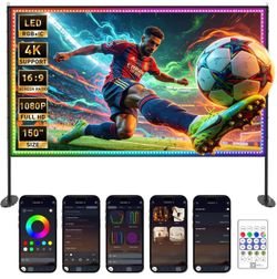 150 inch Projector Screen with Stand, USB String Lights Connection 16:9 4K HD Portable Movie Screen Indoor Outdoor