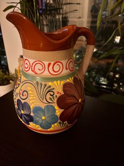 Oaxacan Hand-Painted Ceramic Floral Pitcher