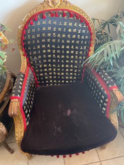 Gold Carved Accent Chair with Asian Print Upholstery