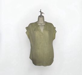 Large Sage Blouse Short Sleeve Linen Blend Blouse Flower & Feather V Neck