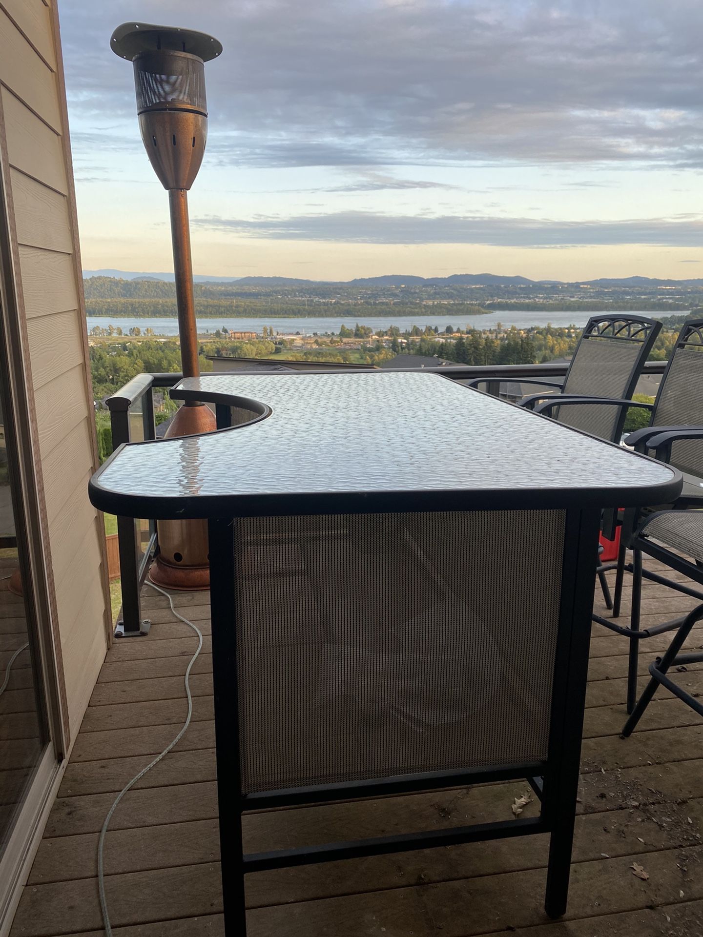 Patio Furniture bar height table & 4 chairs, Broil BBQ, & 3 person swing