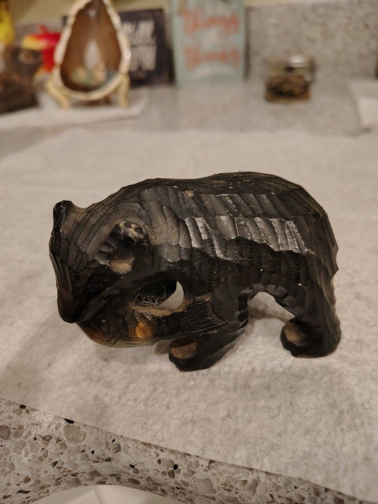 Vintage Japanese Kibori Kuma Ainu Carved Wooden Bear With Fish