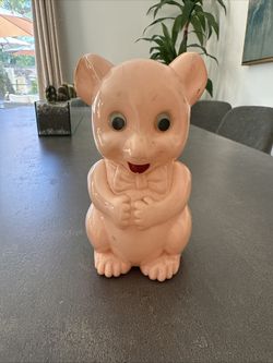 Vintage 6.5" Plastic  Pink Bear Piggy Bank w/ Plug Googly Eyes