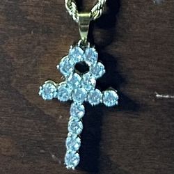 WOMEN'S DIAMOND ANKH CROSS NECKLACE PENDANT & ROPE CHAIN