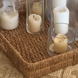 Designer Pottery Barn Large  21x21” Rattan Wicker Tray With Handles Decor 