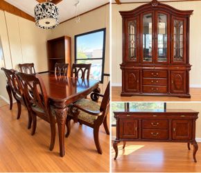 Elegant Traditional Cherry Dining Room Set – Table, 6 Chairs, China Cabinet & Buffet