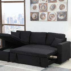 Sale ❗️ Black Fabric Reversible Pull Out Sectional Sofa & Storage