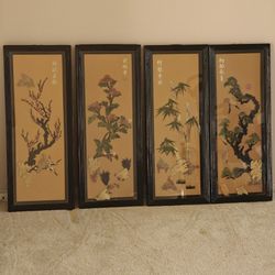 Moving sale! Chinese four-panel hanging flower and bird hanging screens relief wall decorations