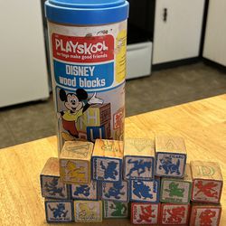 16 - 1974 Playskool Disney Kids Small Wooden Blocks With Container 