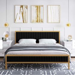 Black & Gold Velvet King Frame - HFTUP052 (We Have 2 Available - Price Is Per Bed Frame) 