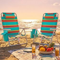 2pcs Folding Backpack Beach Chair for Adults with 5-Position Lay Flat Breathable Teslin Fabric, with Cooler Pouch, Storage Bag, Towel Bar, Foot Mat, S
