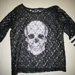 EXPRESS FASHION Lace Skull Graphic Top black shirt medium 3/4 Sleeve Oversized?