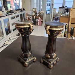 Vintage Set Of 2 Footed Pillar Ceramic Candle Holders In Rich Chestnut Brown W/Gold Accents 10.5" Tall 