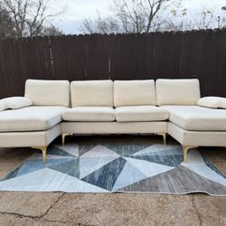 FREE DELIVERY ‼️ U-Shaped Cream Sectional Sofa w/ Chaise + Gold Legs