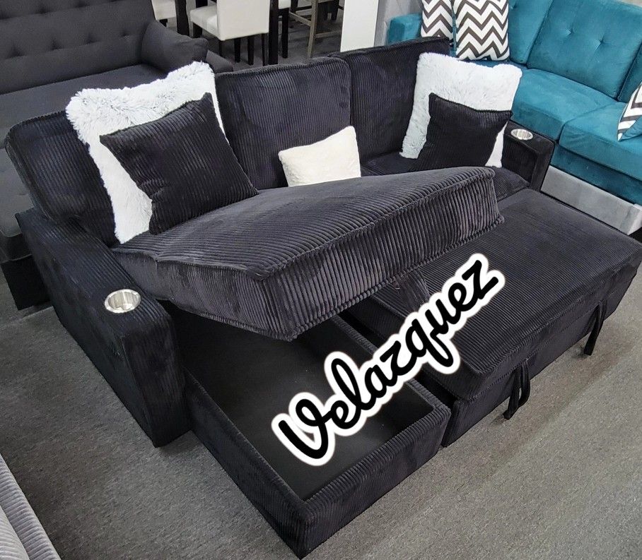✅️✅️ Black Convertible Sectional W/ Cup Holder & W/ USB Port✅️✅️
