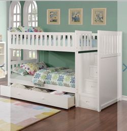 White Wood Bunk Bed with Stairs and Trundle