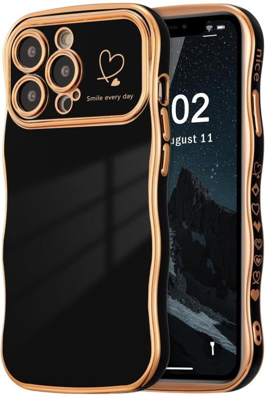 iPhone 14 Pro Max Case 6.7 inch,Cute Curly Wave Frame Case with Love Heart Pattern,Luxury Plating Edge Full Camera Protection Shockproof Phone Case f