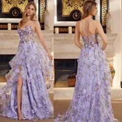 New With Tags Floral Appliqués Organza Long Formal Dress & Prom Dress $315.00