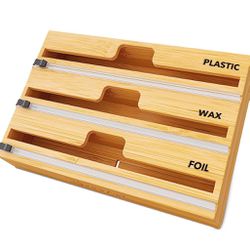 3 in 1 Wrap Organizer with Cutter and Labels, Plastic Wrap, Aluminum Foil and Wax Bamboo Dispenser for Kitchen Storage Organization Holder for 12" Rol