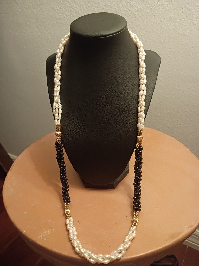 Vtg Vintage 32" 14k Gold Rice Bead & Onyx Necklace