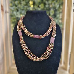 Stunning Vintage Bead And Wood Long Multi Strand Necklace