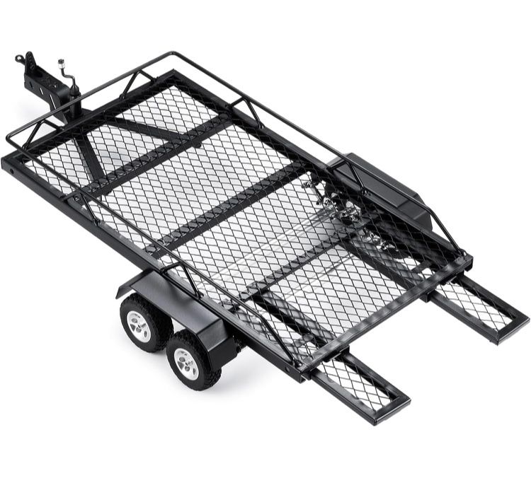 RC Trailer for Hauling Behind Car - Metal Hitch Mount Trailer with 4 Tires Heavy Duty Truck and RC Rock Cars Trailer for 1/18 RC Crawler TRX4M Defende
