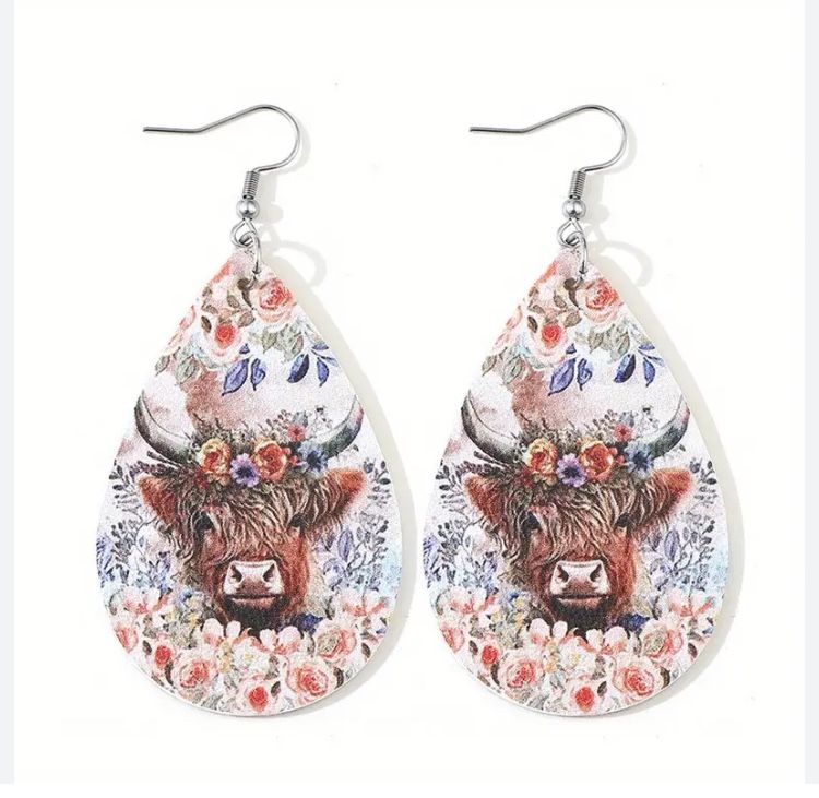 Highland Cow Floral Rose Garden Faux Leather Earrings