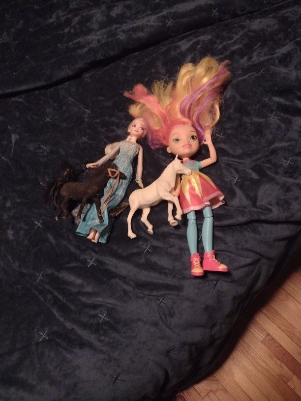 Two Dogs Two Horses Frozen Down Andp Sunny Day Bright