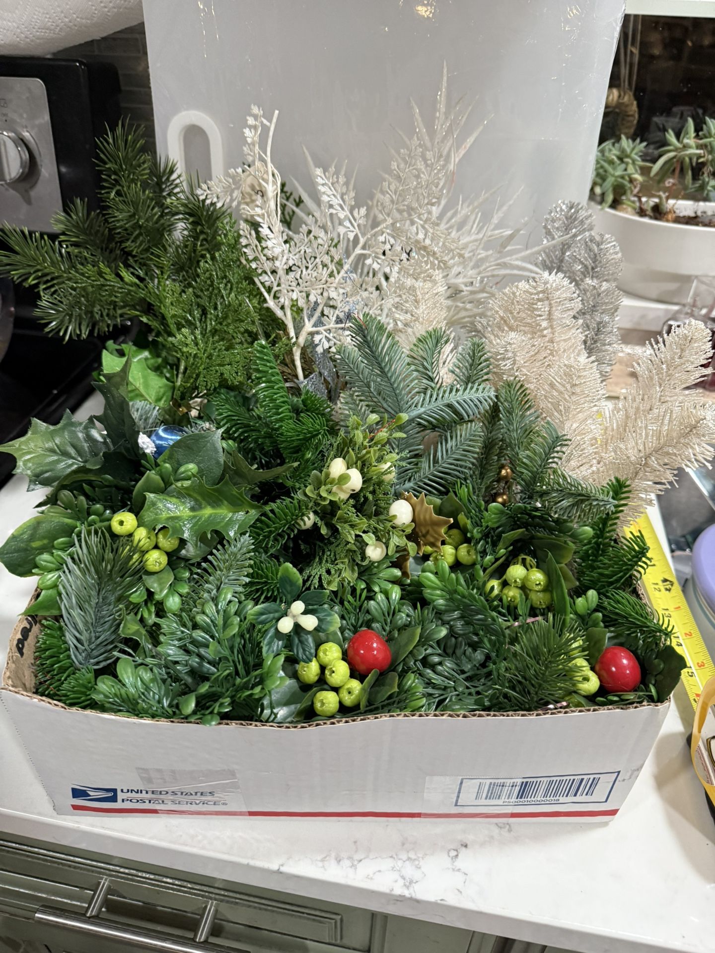 Box Full of Vintage Holiday Greenery & Picks for Crafting 