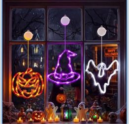 Minetom 3 Pack Halloween Windows Lights - Pumpkin, Ghost, Hat with Timer Battery Operated Halloween Lights with Firm Suction Cup, Halloween Decoration