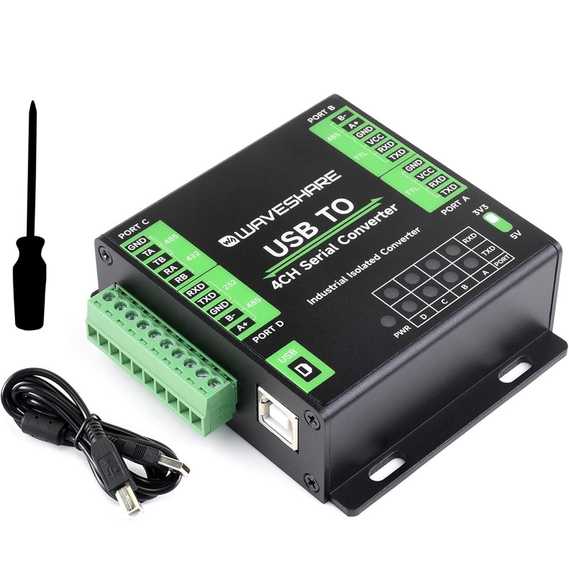 waveshare Industrial USB to 4-CH, USB to RS232/485/422/TTL Serial Converter, Adopts FT4232HL Chip, Support Linux, Android, Windows 11/10 / 8.1/8 / 7,