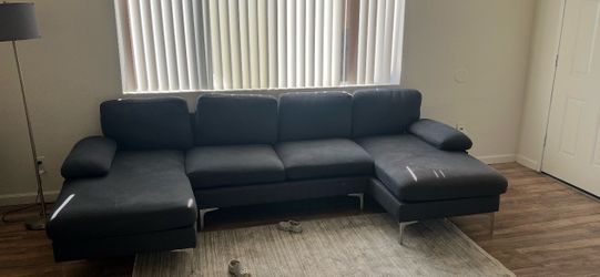 Bluish gray sofa.