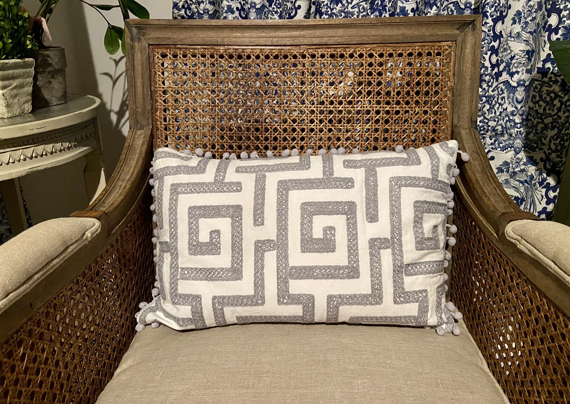 Design Source International Gray White Reversible Embroidered Throw pillow 13” x 20”
