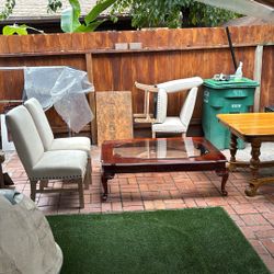 Antique Coffee Table With Tinted Glass Wood Table, High Back Chair 4 Each