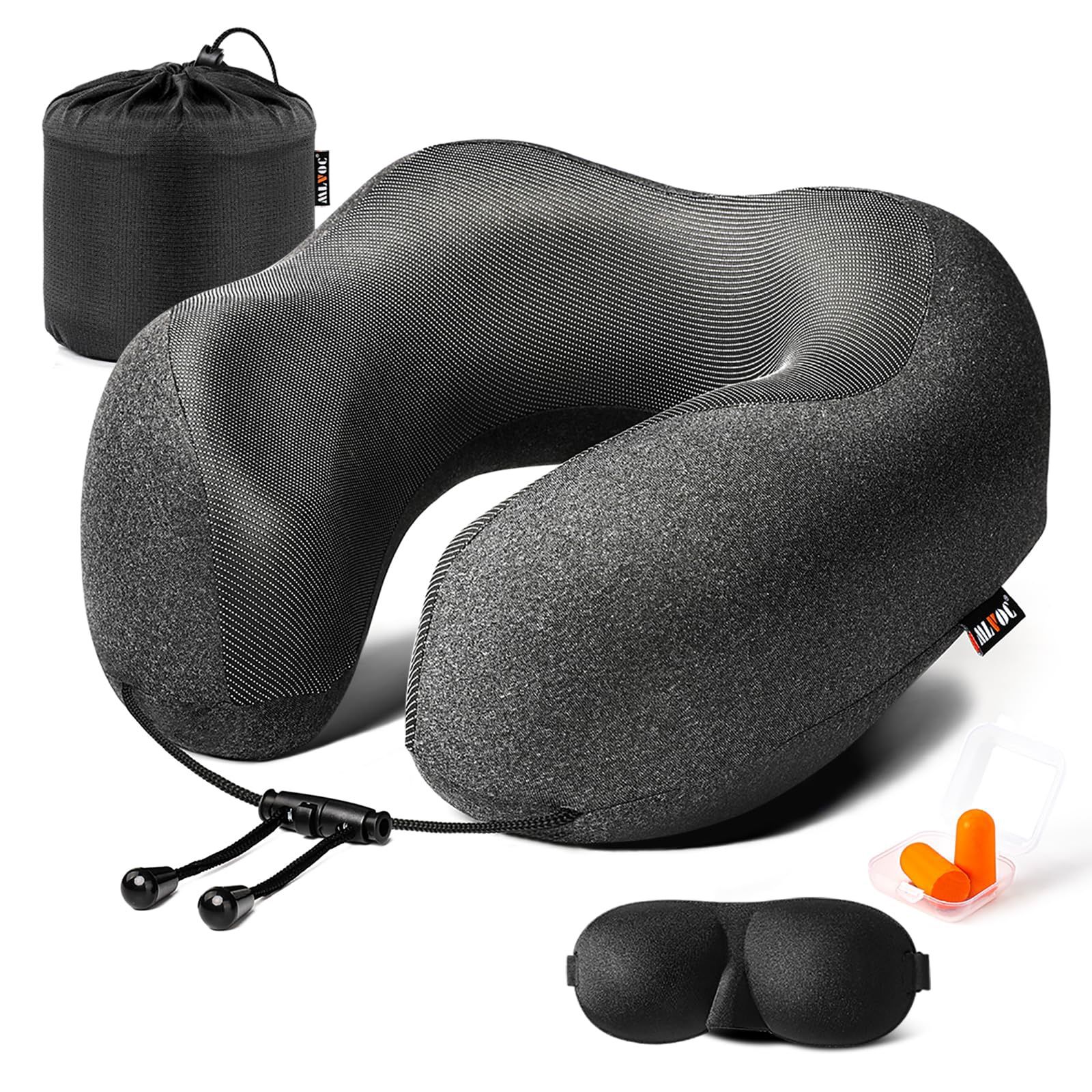 MLVOC Travel Pillow 100% Pure Memory Foam Neck Pillow, Comfortable & Breathable Cover, Machine Washable, Airplane Travel Kit With 3D Contoured Eye Mas