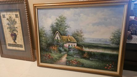Large Framed Oil Painting Cottage Garden Scene