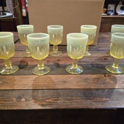 Vintage set of 8 Cactus pattern yellow goblets in Topaz Opalescent vaseline glass