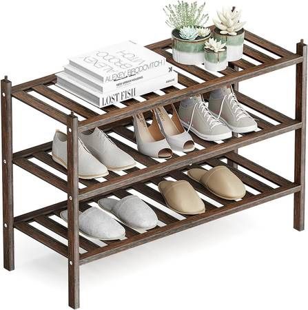 Shoe Rack, 3-Tier Bamboo Stackable Shelf Storage Organizer, Stand for Closet, Entryway, Hallway, Bat